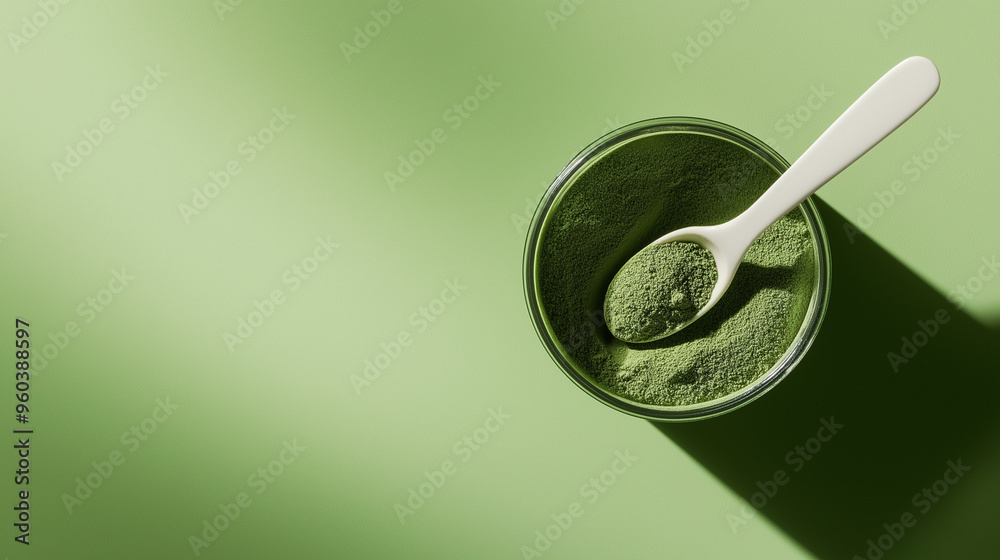 a powder jar of chlorella supplement with a small scoop filled with powder against an isolated soft mint background a powder jar of chlorella supplement with a small scoop filled with powder against an isolated soft mint background