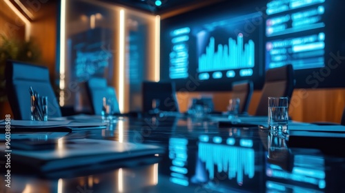 A private equity finance boardroom with executives evaluating high-profile investment deals, digital projections of company growth charts and financial forecasts, serious and strategic setting