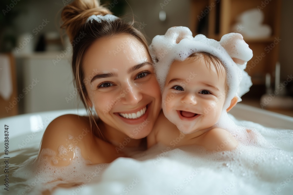 Smiling mother and baby enjoying a fun bubble bath together, capturing a joyful and bonding moment of parenthood and childhood. Smiling mother and baby enjoying a fun bubble bath together, capturing a joyful and bonding moment of parenthood and childhood.