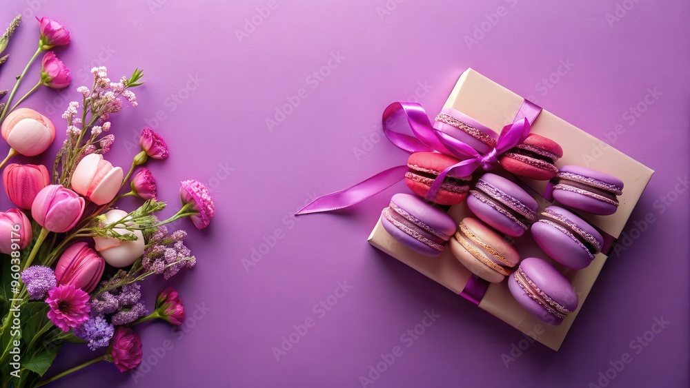 Top view of purple and pink macaroons in a gift box on a elegant purple background with flowers, perfect for gifting and celebrations Top view of purple and pink macaroons in a gift box on a elegant purple background with flowers, perfect for gifting and celebrations