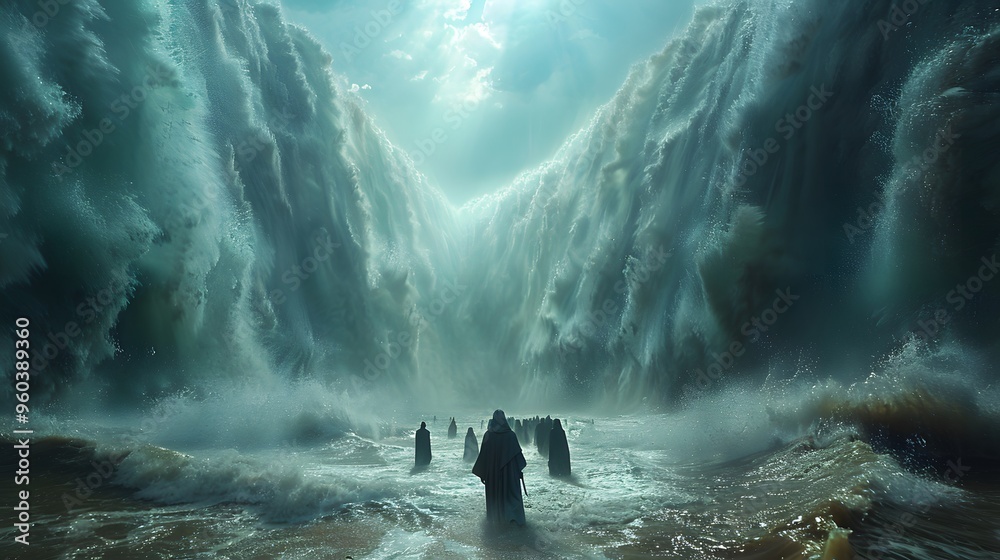 Obraz premium Illustrate the journey of faith as Moses leads the Israelites across the dry seabed, their faces filled with awe and hope, with colossal water walls on both sides and the sky above bathed in a gentle,