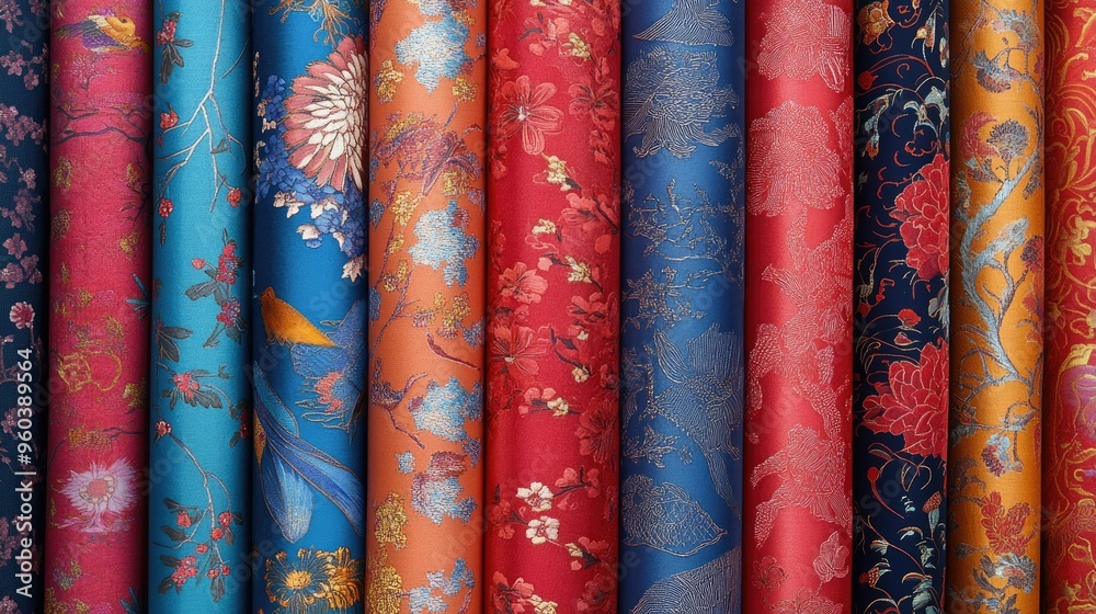 A collection of high-resolution Chinese fabric patterns, displaying traditional motifs and vibrant colors for use in design projects A collection of high-resolution Chinese fabric patterns, displaying traditional motifs and vibrant colors for use in design projects