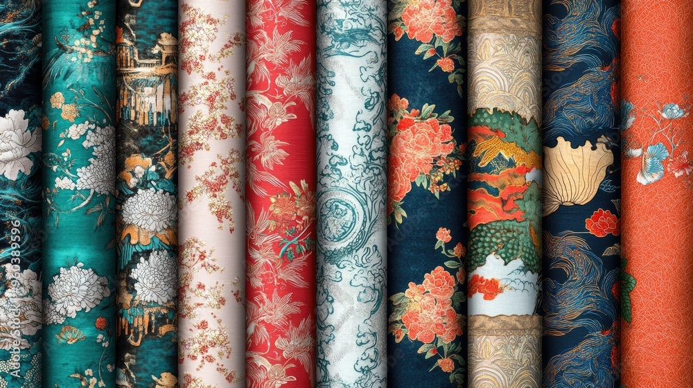 A collection of high-resolution Chinese fabric patterns, displaying traditional motifs and vibrant colors for use in design projects A collection of high-resolution Chinese fabric patterns, displaying traditional motifs and vibrant colors for use in design projects
