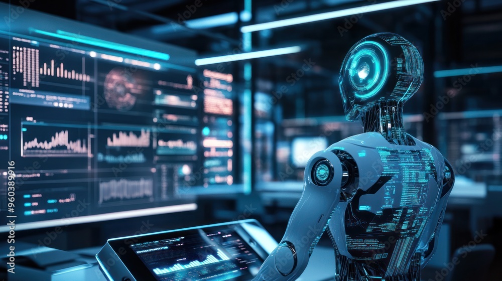 A robot-advisory service setup, with digital screens showing automated portfolio management, AI-driven investment strategies, 