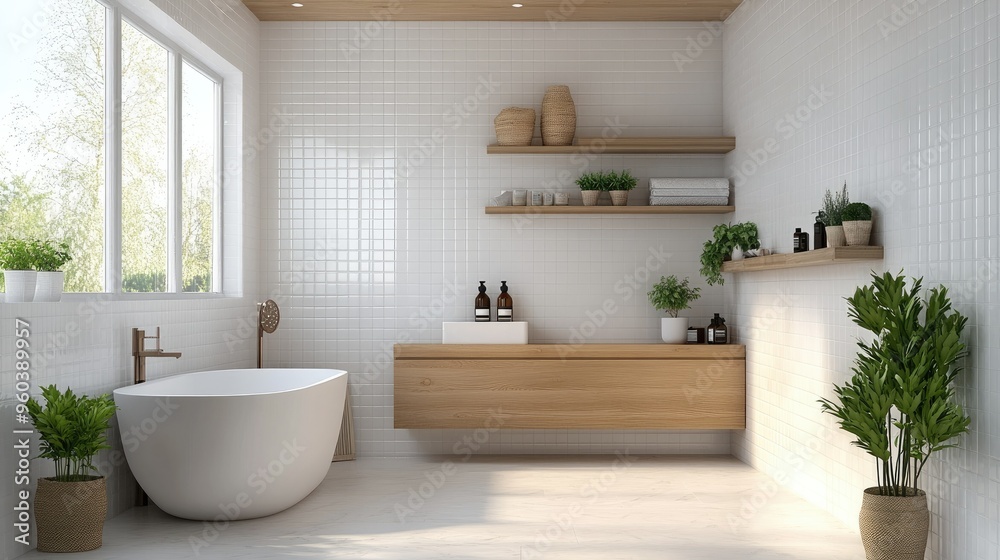 Fototapeta premium A contemporary bathroom with white tiles, wooden shelves, and natural wood details, offering a warm and clean look