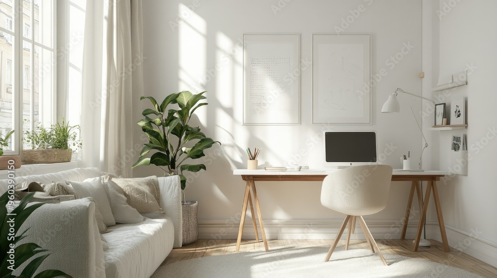 A cozy study or office space with white walls, furniture, and decor, creating a calm and uncluttered work environment A cozy study or office space with white walls, furniture, and decor, creating a calm and uncluttered work environment