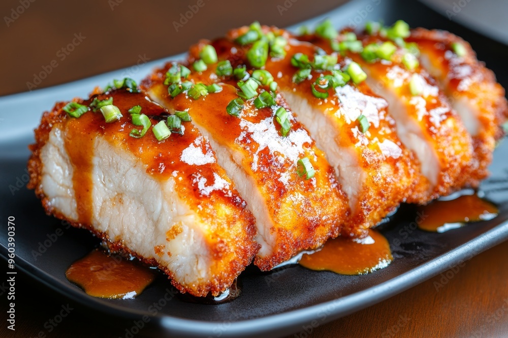 Japanese food, miso katsu, twist on tonkatsu features breaded pork cutlets topped with a savory miso-based sauce Japanese food, miso katsu, twist on tonkatsu features breaded pork cutlets topped with a savory miso-based sauce