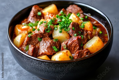 Japanese food, nikujaga, meat and potato stew combines thinly sliced beef, potatoes, and onions in a sweet-savory broth