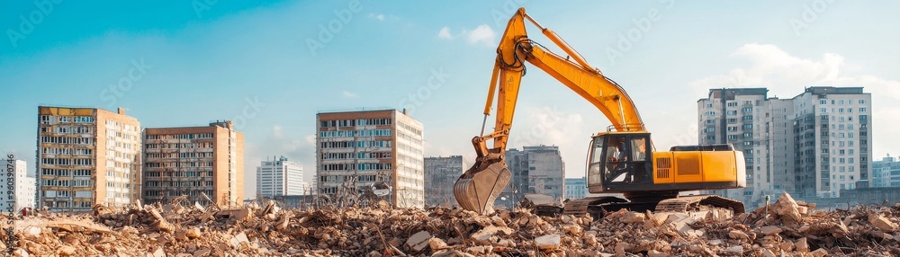 Excavator working on a construction site with new buildings in the background. Excavator working on a construction site with new buildings in the background.
