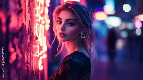 Glamorous young woman, dressed in black lace, confidently posing against a neon-lit wall with a vibrant nighttime city behind her