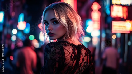 Stylish blonde woman with an edgy look, wearing black lace, against a bright neon backdrop in a busy nighttime city setting