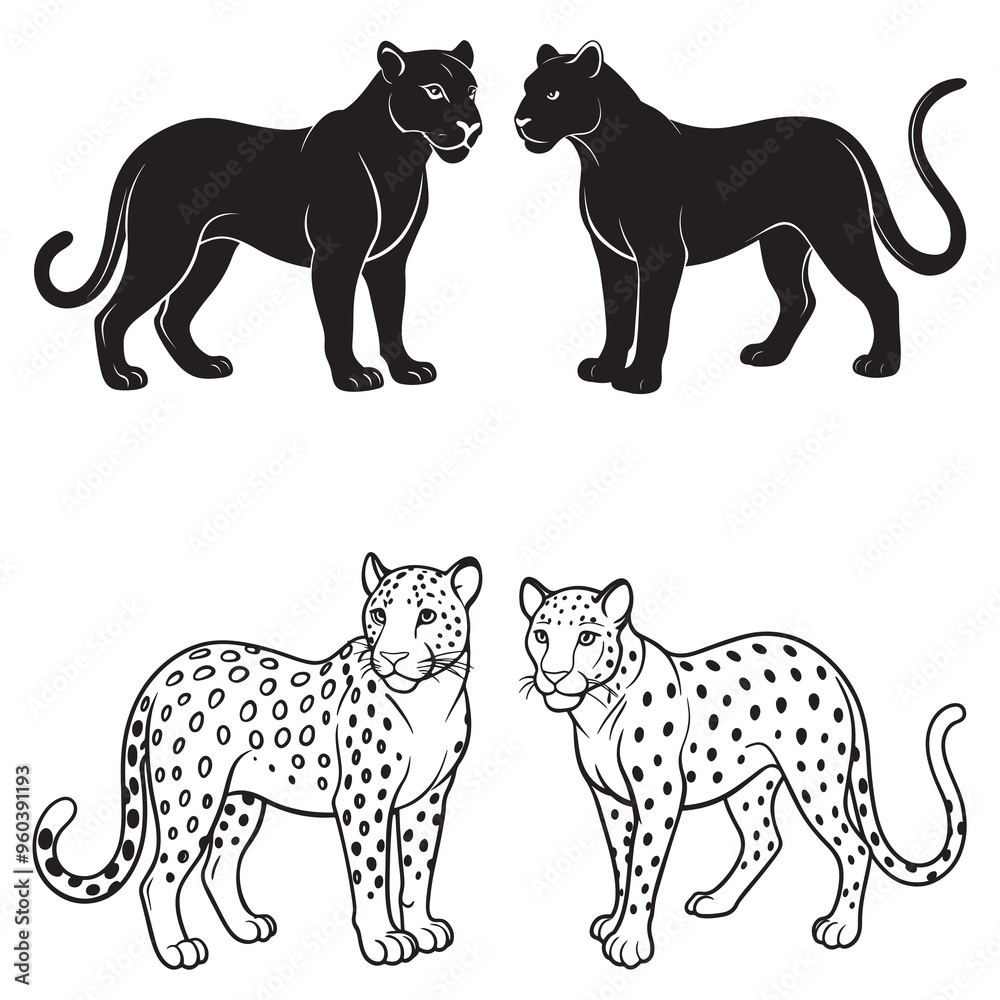 Fototapeta premium 3d rendering of dynamic leopard silhouette line art. generative AI