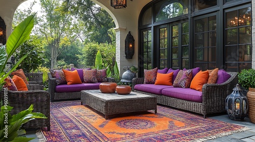 A bright and lively outdoor patio featuring bold, multicolored pavers, vivid cushions in purple and orange on sleek furniture, eclectic decor including patterned throw pillows and whimsical lanterns, photo