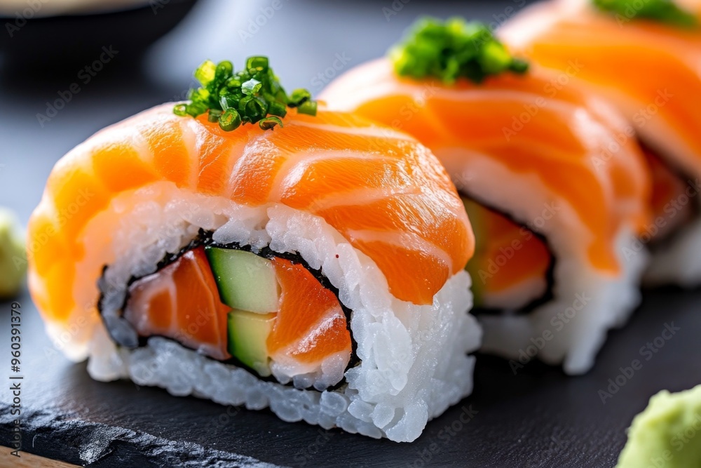 Japanese food, sushi rolls, fresh ingredients combines rice, seaweed, and fish into bite-sized delicacies