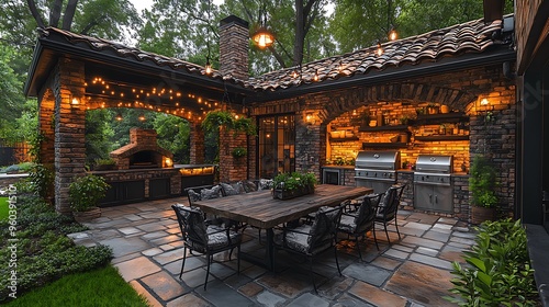 A charming alfresco dining patio with smooth stone pavers, a large rustic table surrounded by elegant chairs, an outdoor kitchen with a brick oven, warm string lights casting a soft glow, photo