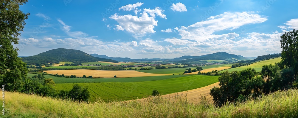 Rolling Hills and Farmland Under a Blue Sky with White Clouds