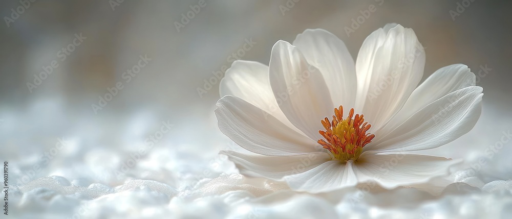 Delicate White Flower with Orange Center on a White Background