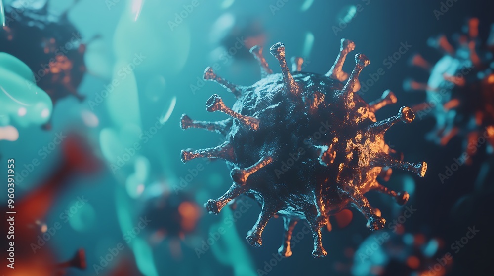 Fototapeta premium Close-up of a Shiny, Spiky Coronavirus Particle Floating in a Blue and Orange Background