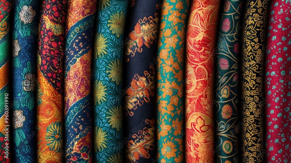 A vibrant collection of Indonesian fabric patterns rendered in high resolution, with rich colors and traditional motifs for textile applications A vibrant collection of Indonesian fabric patterns rendered in high resolution, with rich colors and traditional motifs for textile applications