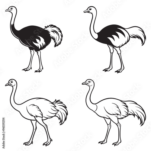 3d rendering of dynamic ostrich silhouette line art. generative AI