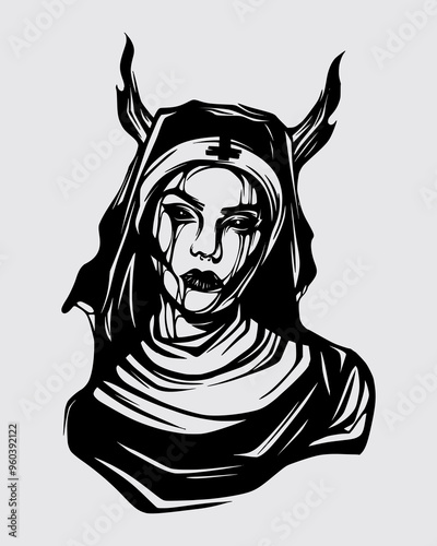 Nun with horn driping blood illustration clip art vector sticker tattoo t shirt design element print art editable