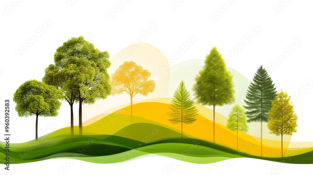 Obraz premium Beautiful vector illustration of a rural landscape with green grass, tall trees, and a winding road leading towards a distant hill under a bright blue sky with fluffy white clouds