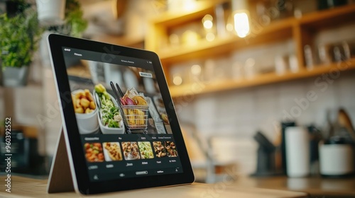 Close-up of a tablet screen with an online food ordering app open, showing a cart full of items, with a cozy kitchen background