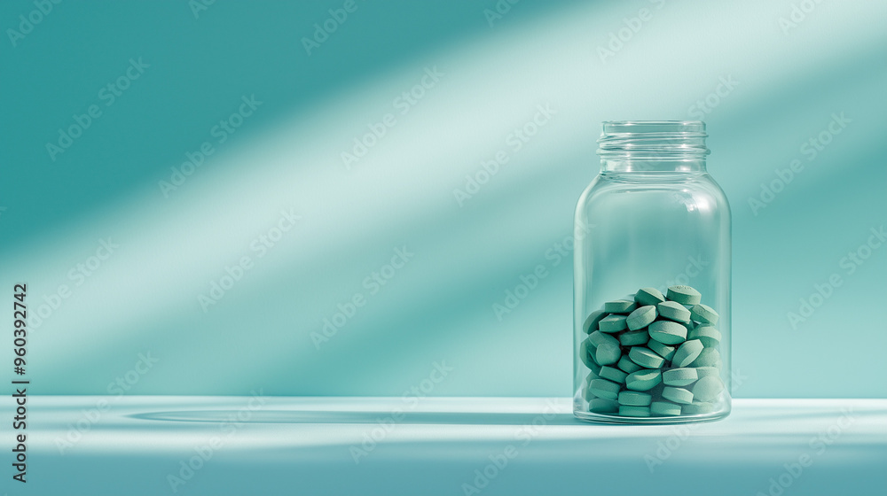 a transparent bottle filled with spirulina tablets against an isolated soft aqua blue background a transparent bottle filled with spirulina tablets against an isolated soft aqua blue background