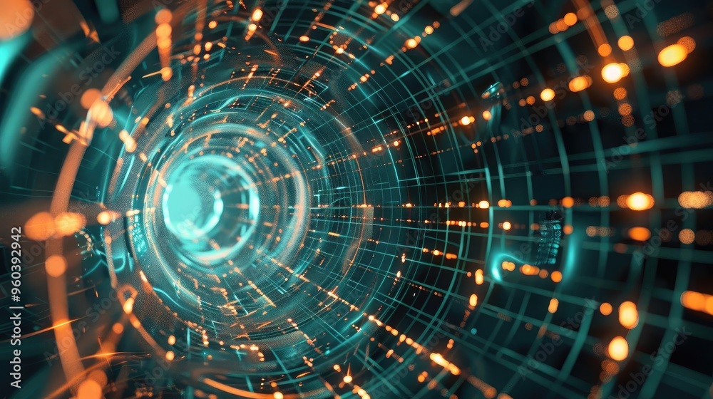 Abstract futuristic tunnel with glowing lights and intricate patterns, conveying a sense of speed and technology in a digital world. Abstract futuristic tunnel with glowing lights and intricate patterns, conveying a sense of speed and technology in a digital world.
