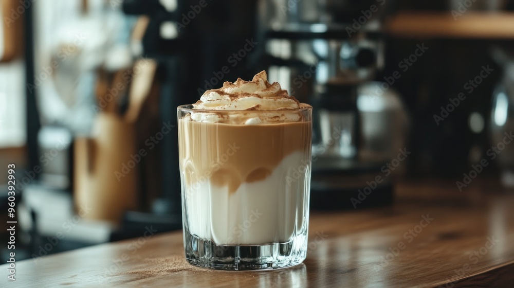 A trendy kitchen setup with a glass of Dalgona coffee, the whipped coffee foam sitting perfectly on top of cold milk A trendy kitchen setup with a glass of Dalgona coffee, the whipped coffee foam sitting perfectly on top of cold milk