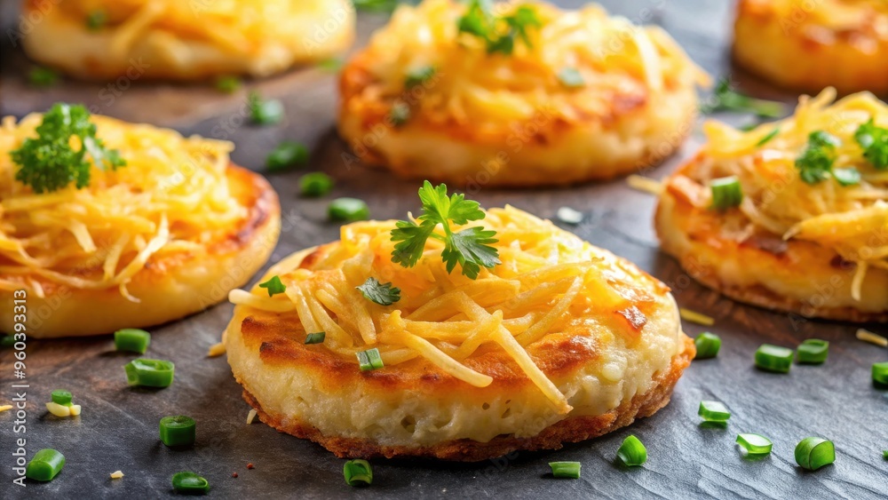 Close-up of delicious potato cakes topped with freshly grated cheddar cheese Close-up of delicious potato cakes topped with freshly grated cheddar cheese