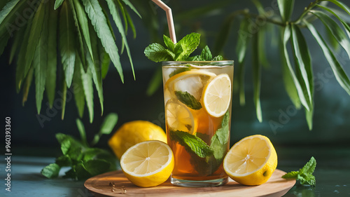 A refreshing iced tea with lemon slices and fresh mint leaves, served in a tall glass with ice cubes and a paper straw.