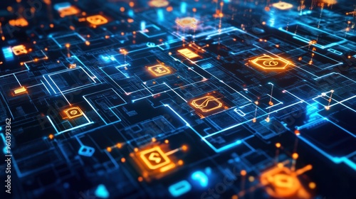 A visual representation of blockchain in finance, showcasing decentralized transactions across multiple digital platforms, secure and futuristic look -