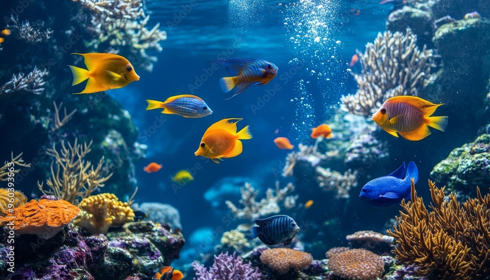 Naklejka premium A vibrant underwater scene showcasing colorful fish and coral, illustrating marine biodiversity.