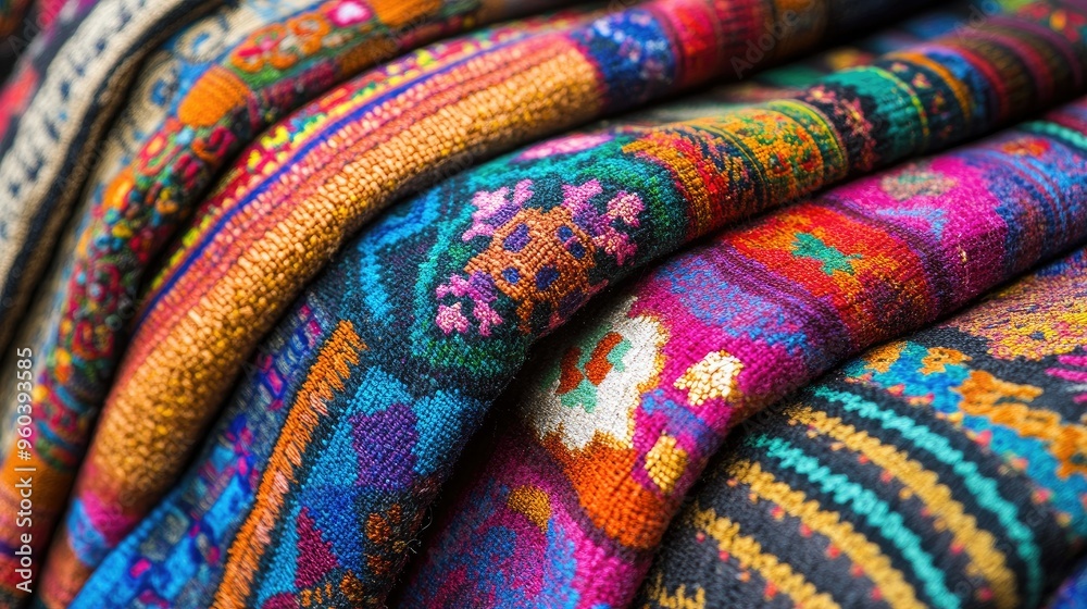 Close-up view of Peruvian fabric patterns in high resolution, highlighting detailed motifs and textures for use in textiles or wallpaper Close-up view of Peruvian fabric patterns in high resolution, highlighting detailed motifs and textures for use in textiles or wallpaper