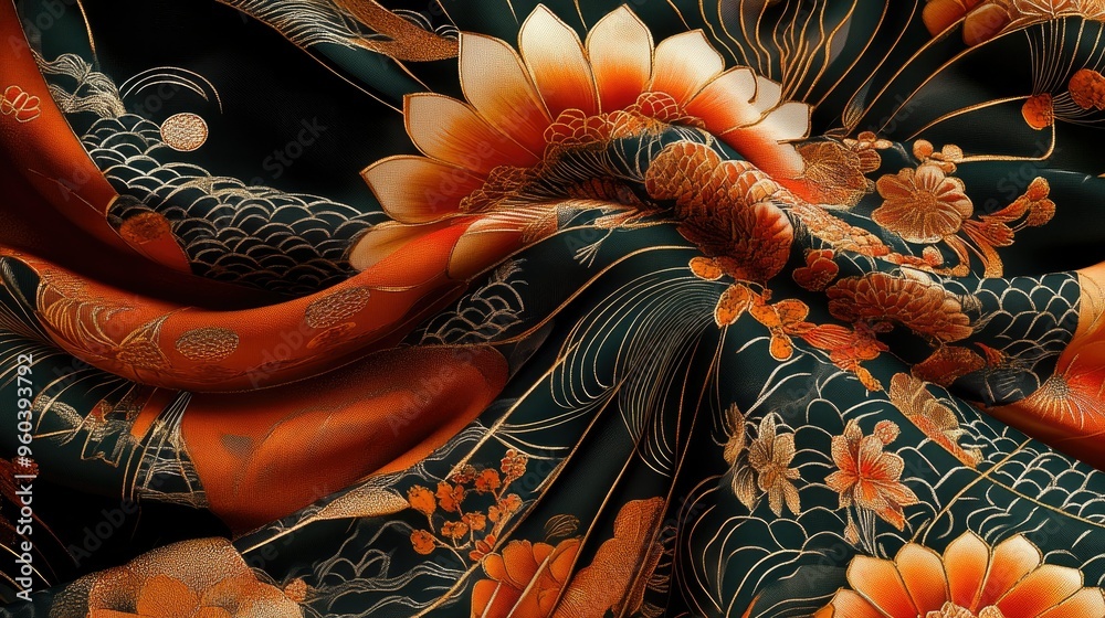 Naklejka premium Detailed digital rendering of Japanese fabric patterns with traditional designs and modern twists, perfect for high-quality prints