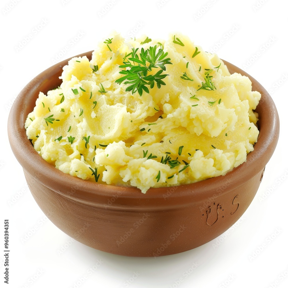 A bowl of creamy mashed potatoes garnished with fresh parsley, isolated on a white background. A bowl of creamy mashed potatoes garnished with fresh parsley, isolated on a white background.