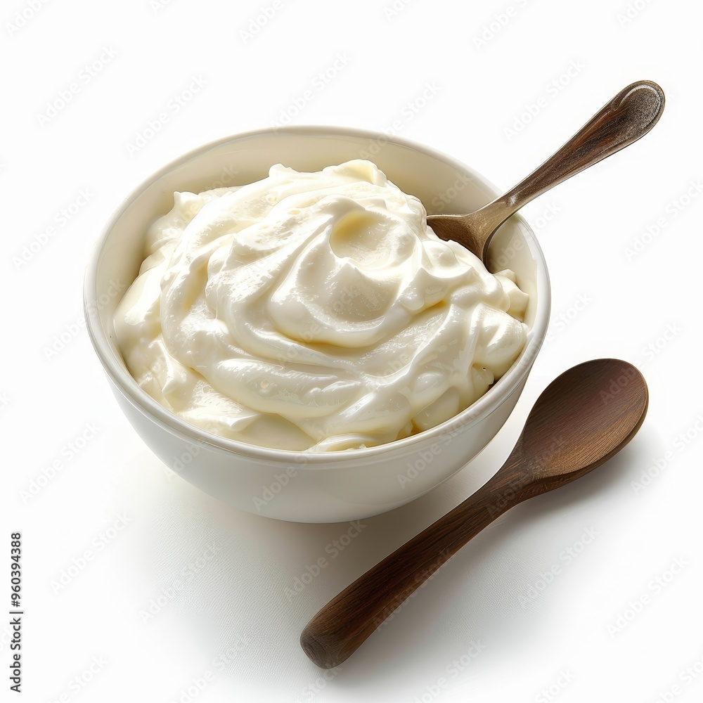 A bowl of creamy white yogurt with a wooden spoon and a silver spoon beside it. A bowl of creamy white yogurt with a wooden spoon and a silver spoon beside it.