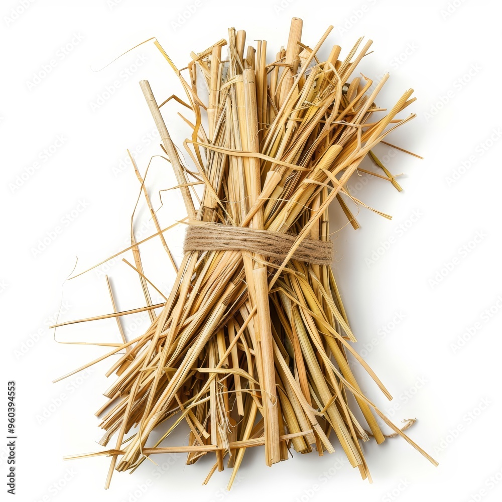 A bundle of dried straw tied together with twine, isolated on a white background. A bundle of dried straw tied together with twine, isolated on a white background.