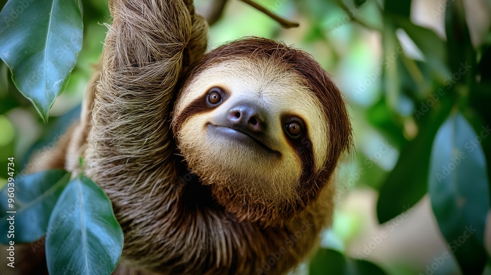 Fototapeta premium A close-up of a smiling sloth hanging from a branch amidst lush green leaves.