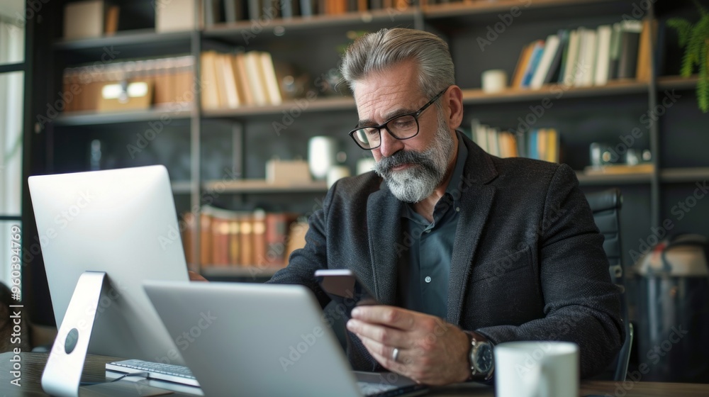 A man in a suit is sitting at a desk with a laptop and a cell phone A man in a suit is sitting at a desk with a laptop and a cell phone