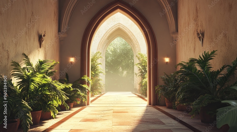 Fototapeta premium A church entrance with a beautiful archway, leading to a serene and peaceful interior.