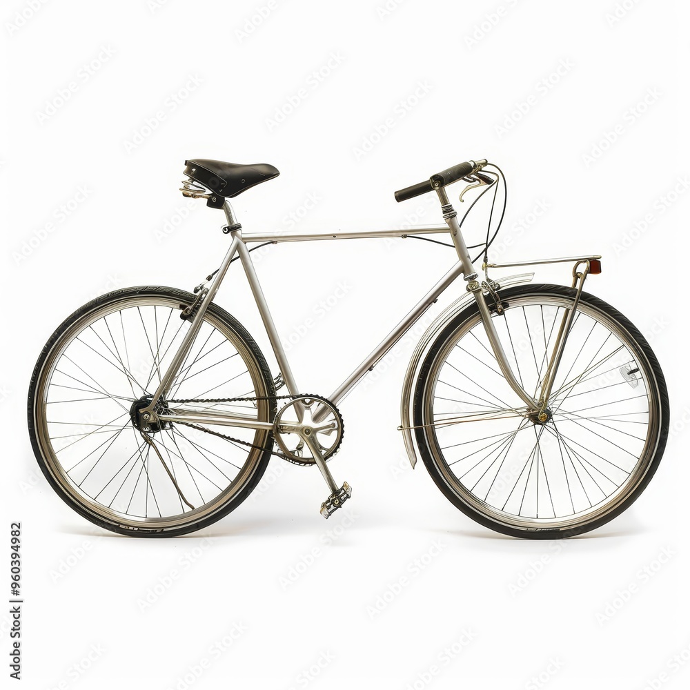 A classic silver bicycle with a black saddle and handlebars, isolated on a white background. The bicycle has a front and rear fender. A classic silver bicycle with a black saddle and handlebars, isolated on a white background. The bicycle has a front and rear fender.