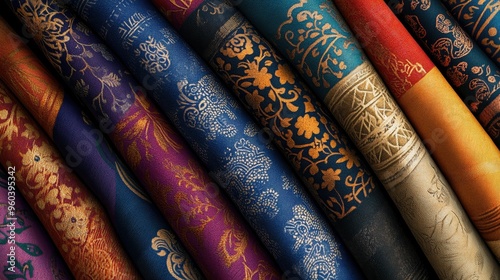 High-resolution digital rendering of traditional Indonesian fabric patterns, showcasing intricate designs and vibrant colors for textiles