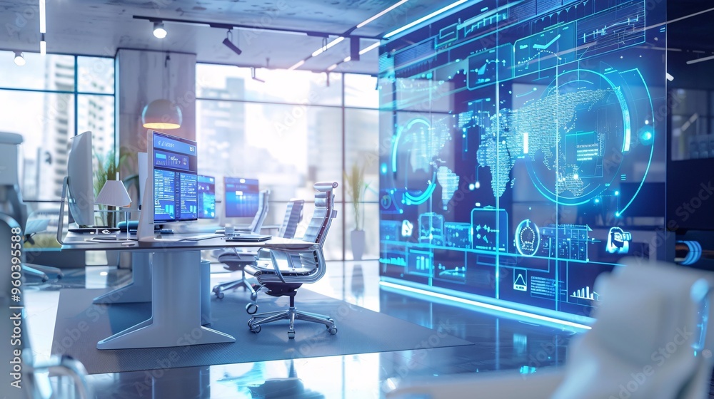 Modern Office Interior with Futuristic Digital Wall Display Modern Office Interior with Futuristic Digital Wall Display