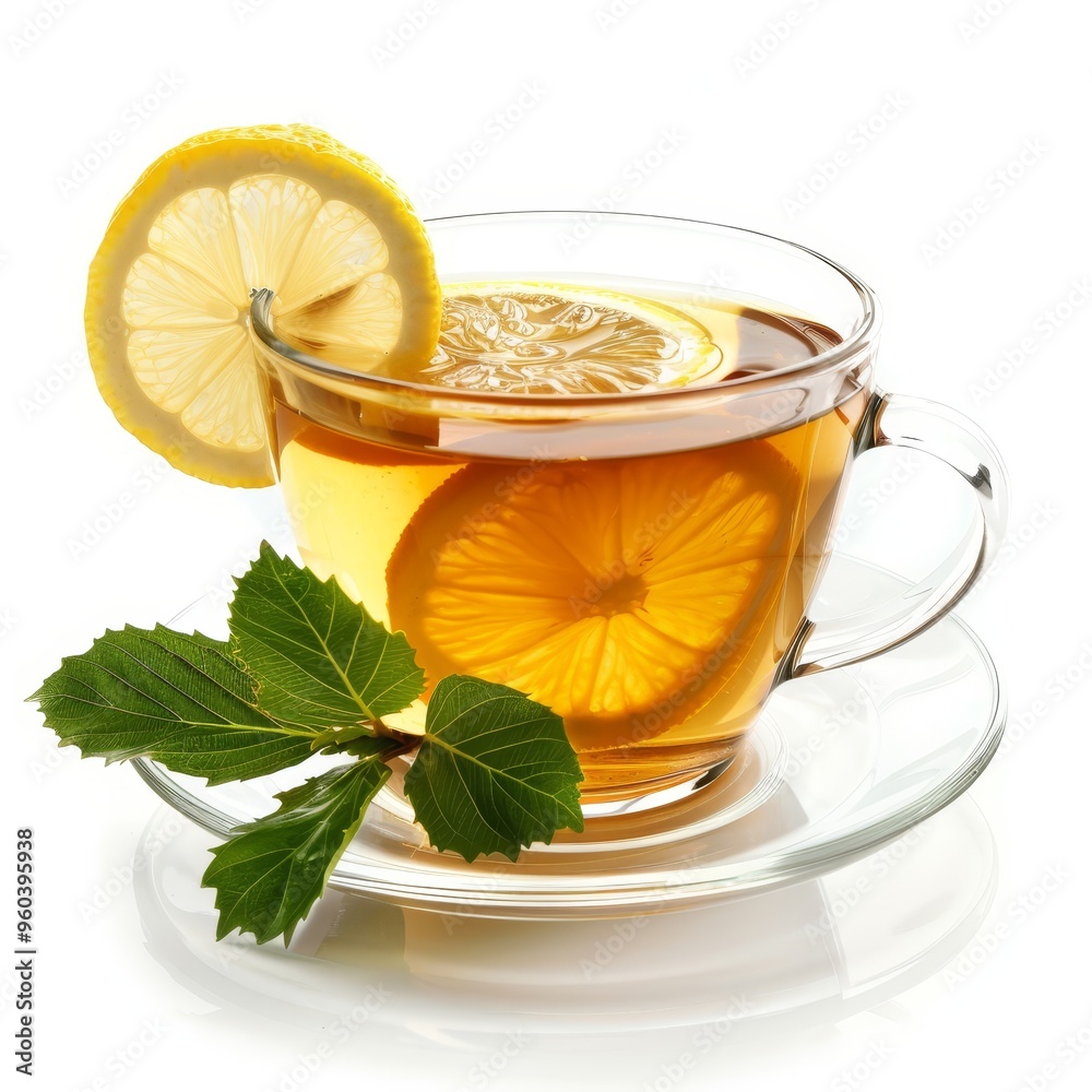 A cup of tea with lemon and mint leaves on a white background. A cup of tea with lemon and mint leaves on a white background.