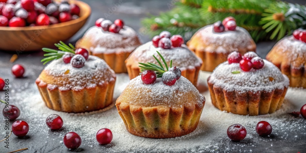 Homemade cranberry cakes dusted with icing sugar, perfect for holiday dessert tables Homemade cranberry cakes dusted with icing sugar, perfect for holiday dessert tables
