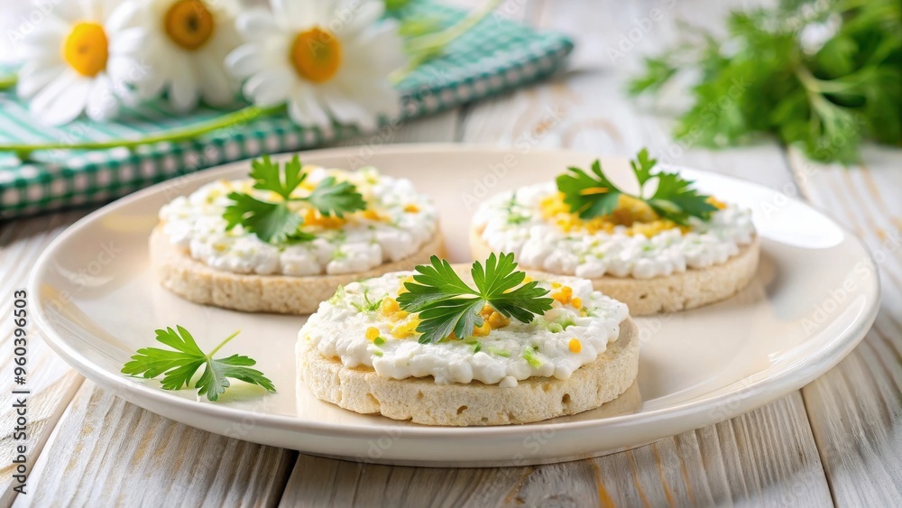Rice cakes topped with cheese, parsley and chamomile on a white plate Rice cakes topped with cheese, parsley and chamomile on a white plate