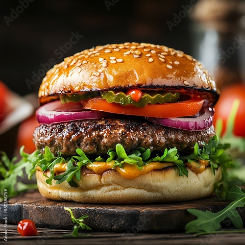 Photo food for fast food in form of delicious hot homemade burger with meat cutlet and vegetables generative ai