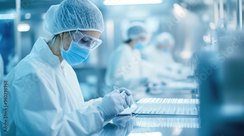 Close-up of cleanroom production, workers handling delicate tasks in a sterile environment, focus on detail and high-tech processes -